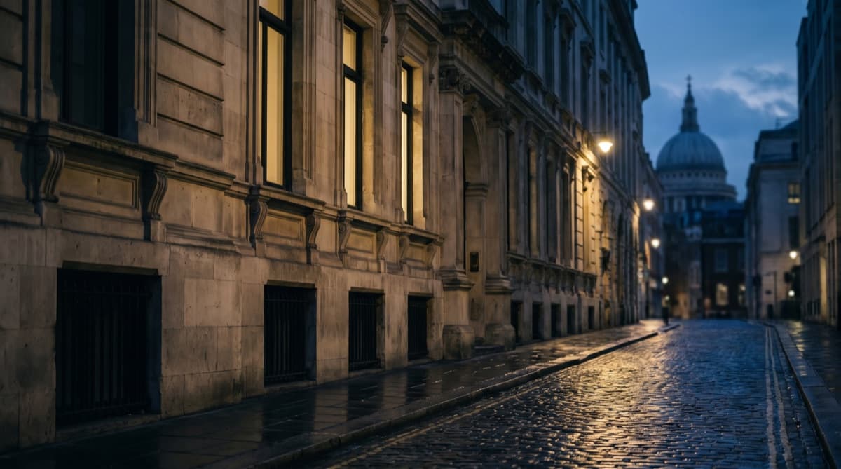 A wet City of London lane at dusk leading toward the dome of St Paul’s