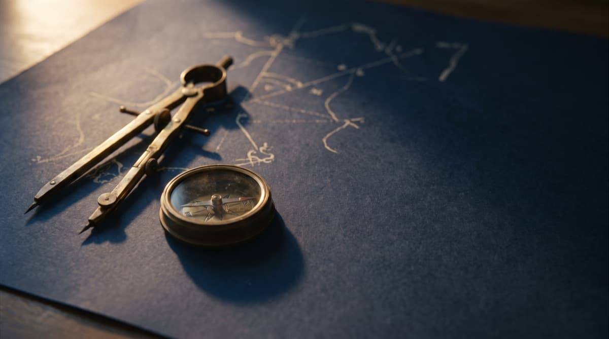 Brass drafting instruments on nautical charts in warm lamplight